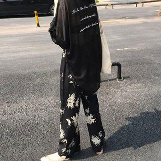 Lettering Long-sleeve T-shirt / Flower Print Wide-leg Pants