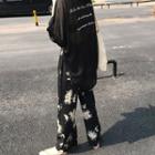 Lettering Long-sleeve T-shirt / Flower Print Wide-leg Pants