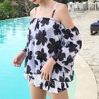 Set: Floral Print Bikini Top + Swim Skirt + Cover-up Top
