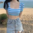 Short-sleeve Striped Knit Top Stripes - Blue & White - One Size