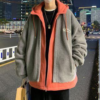 Mock Two Piece Long-sleeve Faux Fur Zipped Hooded Jacket