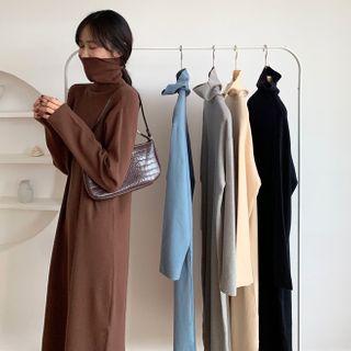 Turtle Neck Long-sleeve Plain Knit Dress