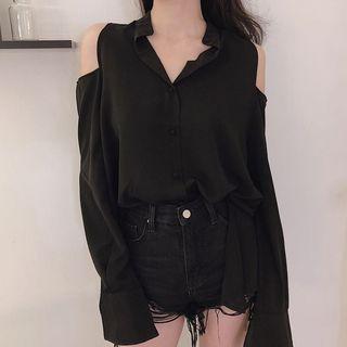Cold-shoulder Shirt Black - One Size