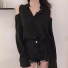 Cold-shoulder Shirt Black - One Size