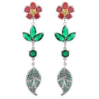 Rhinestone Flower & Leaf Dangle Earring As Shown In Figure - One Size