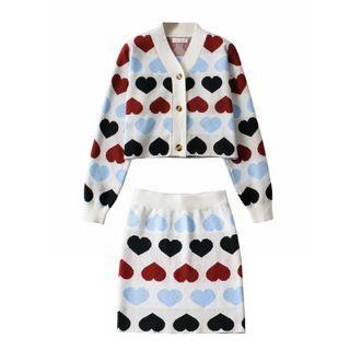 Heart Print Cropped Cardigan / Mini Pencil Skirt / Set