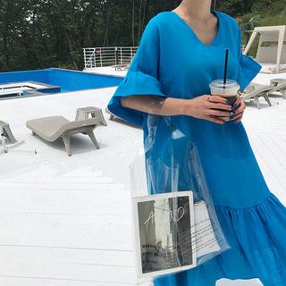 V-neck Flounced Linen Long Dress