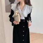 Puff-sleeve Mesh Ruffle Midi A-line Velvet Dress Black - One Size