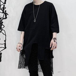 Panel Asymmetric Hem Elbow-sleeve T-shirt