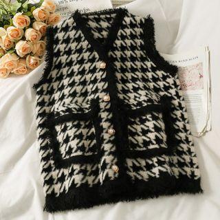 Fringed-trim Houndstooth Vest Jacket