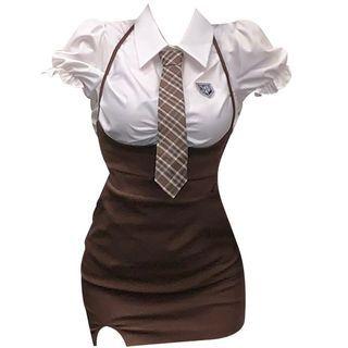 Short-sleeve Blouse With Necktie / Mini Bodycon Overall Dress