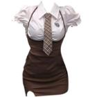 Short-sleeve Blouse With Necktie / Mini Bodycon Overall Dress