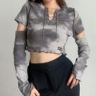 Long-sleeve Lace-up Tie-dyed Crop Top
