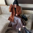 Corduroy Elbow Patch Blazer / Faux Leather A-line Midi Skirt