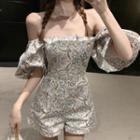 Elbow-sleeve Off Shoulder Printed Wide-leg Playsuit