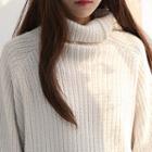 Turtle-neck Raglan-sleeve Rib-knit Sweater