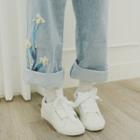 Flower Embroidered Wide Jeans Light Blue - One Size