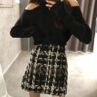 Off-shoulder Knitted Top / Plaid Woollen Mini Skirt