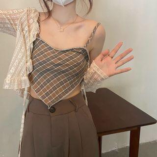 Plaid Cropped Camisole Top Khaki - One Size