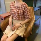 Frilled Plaid Short-sleeve Top / Pencil Skirt