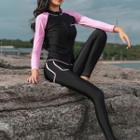 Set: Color Block Long-sleeve Rashguard + Lettering Tankini Top + Swim Bottom + Swim Shorts + Swim Pants