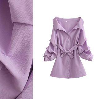 Off Shoulder Plain Shirt Dress With Sash