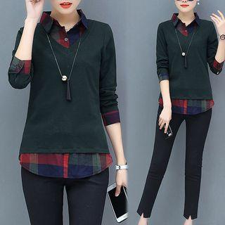 Mock Two Piece Plaid Panel Collared Long Sleeve Top