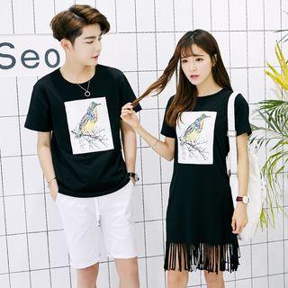 Printed T-shirt / Short-sleeve Fringed Dress