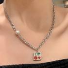 Cherry Pendant Faux Pearl Stainless Steel Necklace Silver - One Size