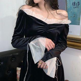 Mesh Trim Long-sleeve A-line Midi Velvet Dress Black - One Size