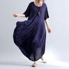 Asymmetric Hem Crew-neck Elbow-sleeve Midi Dress