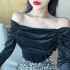 Velvet Off-shoulder Long-sleeve Top / Glittered Skirt