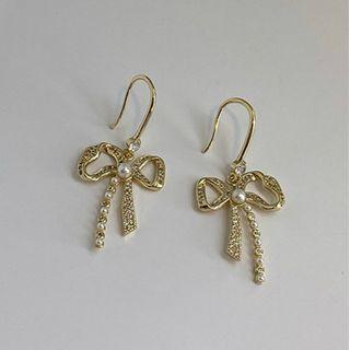 Rhinestone Bow Drop Earring 1 Pair - Hook Earrings - Gold - One Size