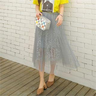 Tulle-overlay Lace Midi Skirt