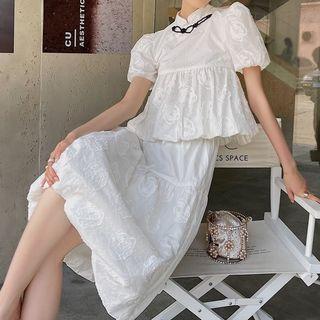 Puff-sleeve Mandarin Collar Blouse / Midi A-line Skirt