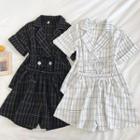 Set:plaid Double-breasted Lace-up Short-sleeve Blouse + Shorts