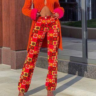 Floral Checkerboard Print Straight Leg Pants