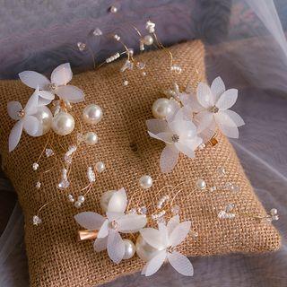 Set: Bridal Faux Pearl Flower Hair Clip + Clip-on Dangle Earring White - One Size