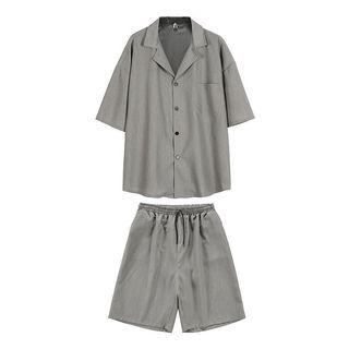Set: Short-sleeve V-neck Plain Shirt + Shorts