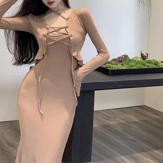 Spaghetti-strap Plain Midi Sheath Dress / Lace-up Cropped Cardigan