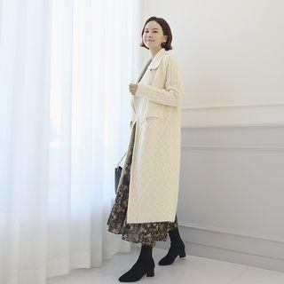 Notched-lapel Textured-panel Long Knit Coat