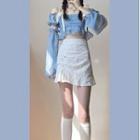 Long-sleeve Cold Shoulder Frill Trim Crop Top / Mini A-line Skirt / Set