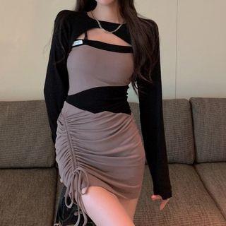 Long-sleeve Shrug / Spaghetti-strap Drawstring Mini Sheath Dress