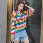 Long-sleeve Color Block Perforated Knit Top Rainbow - One Size