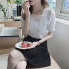 Puff-sleeve Frill Trim Pointelle Blouse