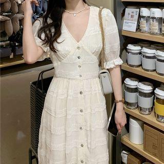 Puff-sleeve V-neck Midi A-line Dress Beige - One Size