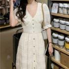Puff-sleeve V-neck Midi A-line Dress Beige - One Size