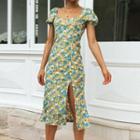 Puff Sleeve Square-neck Floral Print Slit Long Dress