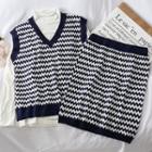 Set: Wave-pattern Knit Vest + Pencil Skirt Dark Blue - One Size