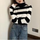 Mock Neck Striped Sweater Stripe - Black & White - One Size